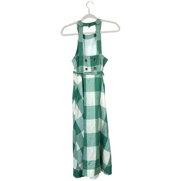 ANTHROPOLOGIE Maeve Greta Gingham Dress Size 8 Green Check Retro Linen Midi - Picture 3 of 8
